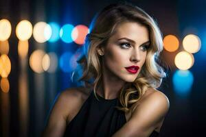 a beautiful blonde woman with red lips and a black dress. AI-Generated photo