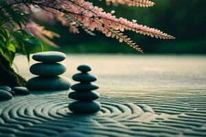 zen jardín con piedras y rosado flores generado por ai foto