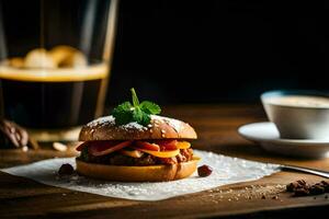 a burger with toppings on a wooden table next to a cup of coffee. AI-Generated photo