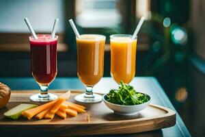 three juices sit on a wooden tray. AI-Generated photo