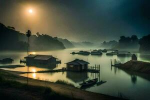 a boat is tied to a dock at the edge of a lake. AI-Generated photo