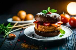 a hamburger with vegetables and spices on a plate. AI-Generated photo