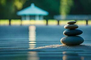 a stack of stones sitting on the water. AI-Generated photo