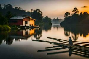 a boy stands on a wooden dock at sunset. AI-Generated photo