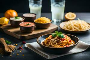 espaguetis con tomate salsa, pasta, y vegetales. generado por ai foto