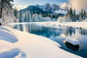 un Nevado río en el montañas. generado por ai foto