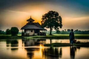 a man stands in front of a hut by the water. AI-Generated photo