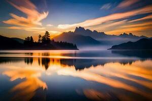 un hermosa puesta de sol terminado un lago con montañas en el antecedentes. generado por ai foto