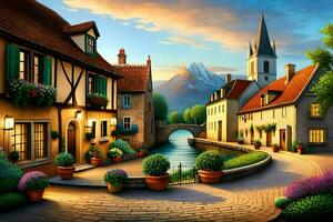 a painting of a village street with houses and flowers. AI-Generated photo