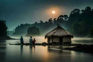 a couple stands on the shore of a river with a hut in the background. AI-Generated photo