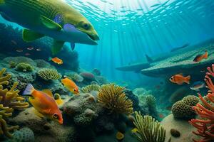 a colorful underwater scene with fish and coral. AI-Generated photo