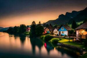 photo wallpaper the sky, mountains, water, houses, lake, sunset, house, lake,. AI-Generated