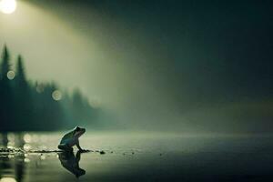 a frog sitting on the edge of a lake at night. AI-Generated photo