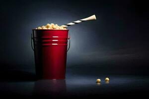 a red bucket filled with peanuts and a straw. AI-Generated photo