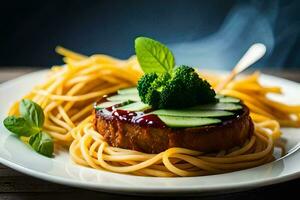 a plate with spaghetti and meat on it. AI-Generated photo