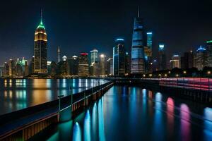 el ciudad horizonte a noche con luces reflejando apagado el agua. generado por ai foto