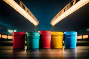 colorful cups on a table. AI-Generated photo