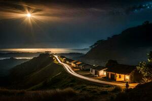 un la carretera líder a un casa en un colina con un lleno Luna brillante arriba. generado por ai foto