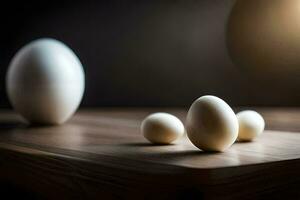 three eggs on a table with a light behind them. AI-Generated photo