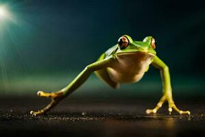 a frog is jumping on the ground with its legs spread. AI-Generated photo