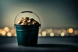 bucket of gold coins on a table with bokeh lights. AI-Generated photo