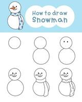 How to draw snowman for learning, kid, coloring book, illustration vector