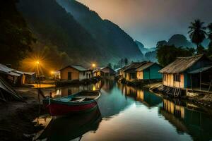 a boat sits in the water at night in a village. AI-Generated photo