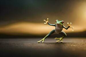 a frog is standing on its hind legs and holding its arms out. AI-Generated photo