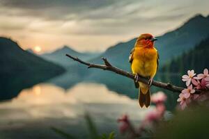 a bird sits on a branch near a lake and mountains. AI-Generated photo