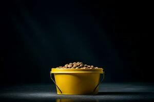 a yellow bucket filled with dog food on a dark background. AI-Generated photo