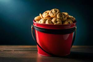 un Cubeta lleno con galletas en un oscuro mesa. generado por ai foto