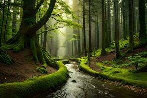 a stream runs through a green forest with mossy trees. AI-Generated photo