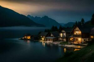 photo wallpaper the sky, mountains, lake, fog, the house, the lake, the house. AI-Generated