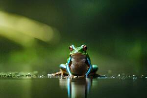 a frog sitting on the water with a green background. AI-Generated photo