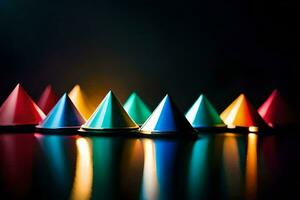 a row of colorful party hats on a black background. AI-Generated photo