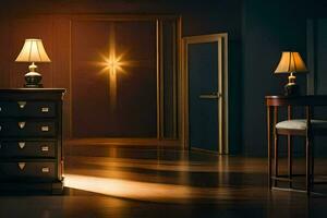 a dark room with a table and two lamps. AI-Generated photo