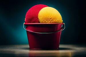a red bucket with two yellow and red balls inside. AI-Generated photo