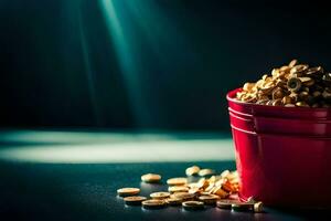 a bucket of popcorn on a dark table. AI-Generated photo