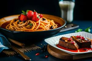 spaghetti with tomato sauce and strawberries. AI-Generated photo