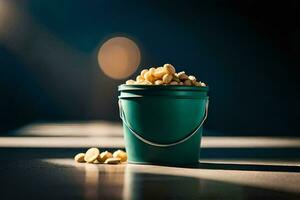 a bucket of peanuts on a table. AI-Generated photo