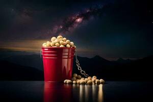 a bucket of peanuts on a table with a night sky in the background. AI-Generated photo