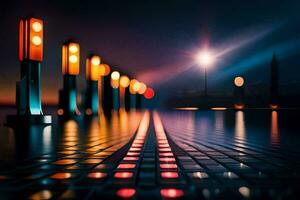 a long row of lights on a street at night. AI-Generated photo