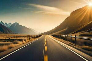 a road in the mountains with the sun shining. AI-Generated photo