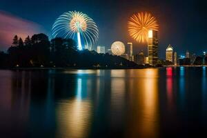 fireworks over the city skyline at night. AI-Generated photo