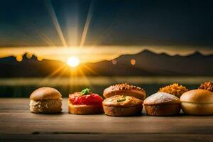 a group of mini buns on a table with the sun setting behind them. AI-Generated photo