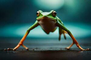 a frog is standing on its legs. AI-Generated photo