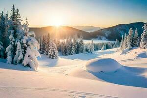 a snowy mountain landscape with trees and the sun. AI-Generated photo