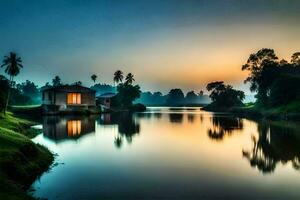 a house sits on the bank of a river at sunset. AI-Generated photo