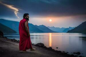 a man in red robes standing on the shore of a lake. AI-Generated photo