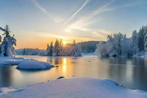 photo wallpaper the sky, snow, trees, river, lake, sunset, the sun, winter. AI-Generated